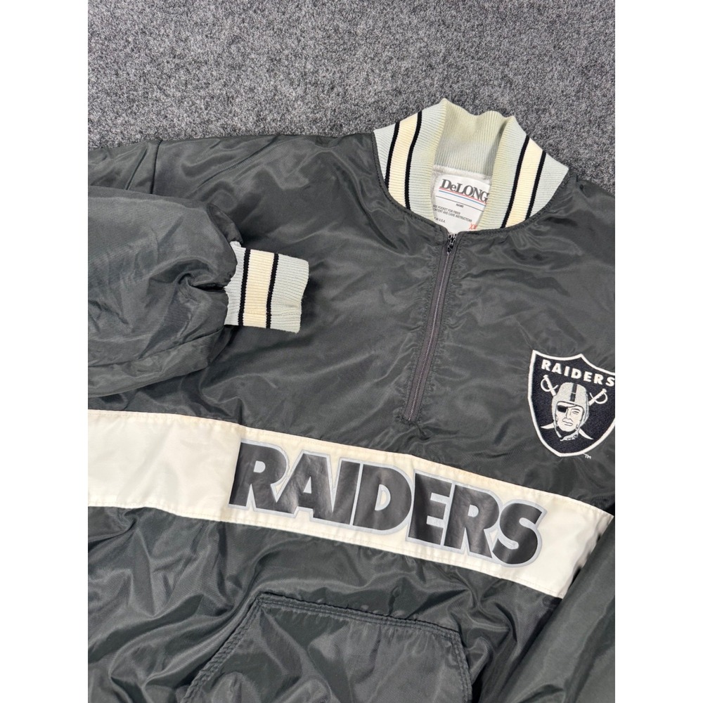 VTG 90s Raiders DeLong Pullover Jacket Mens XXL Black Silver NFL Made USA